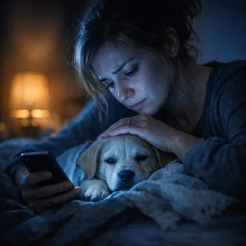 Pet owner caring for their pet at night