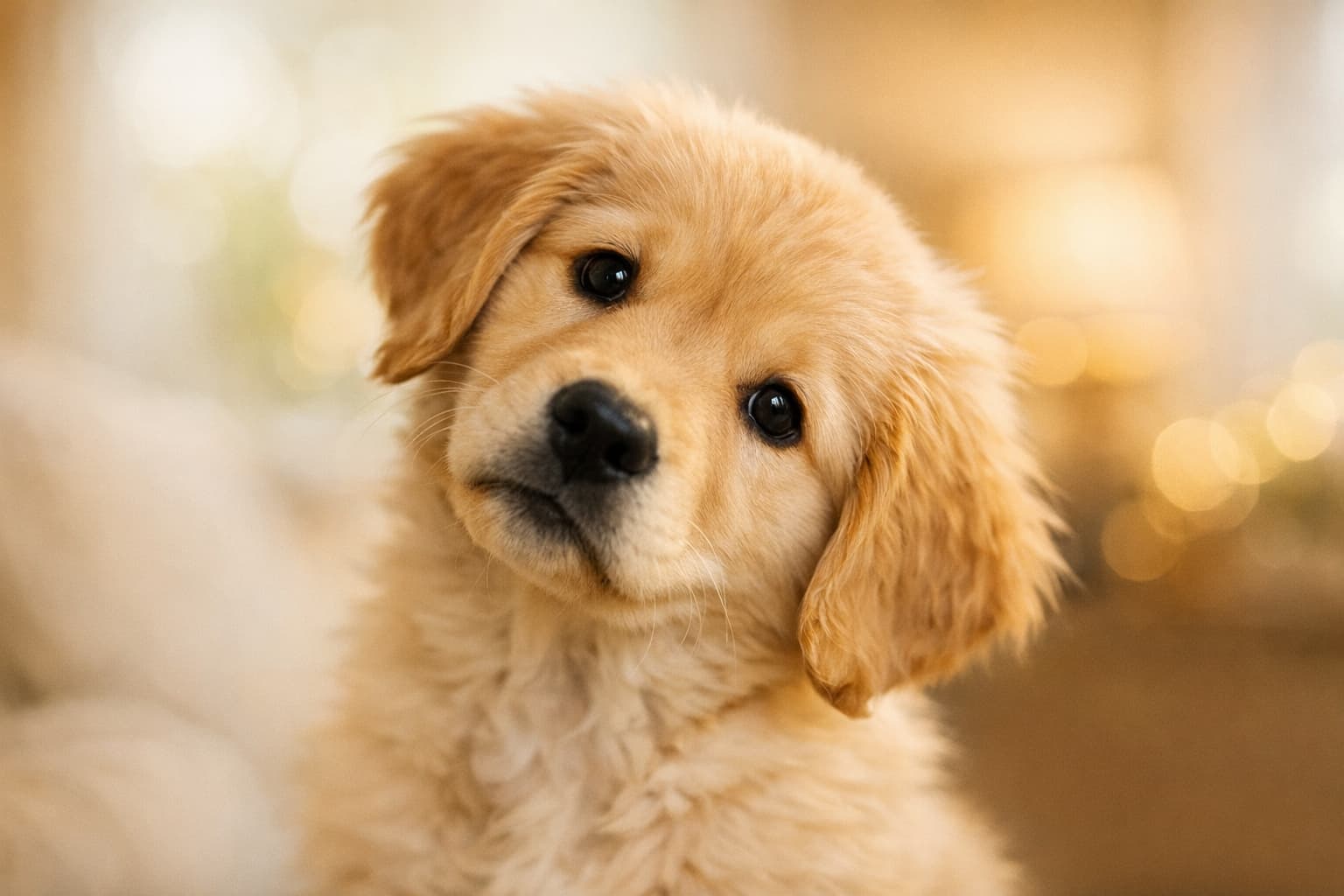 Curious golden retriever puppy tilting head