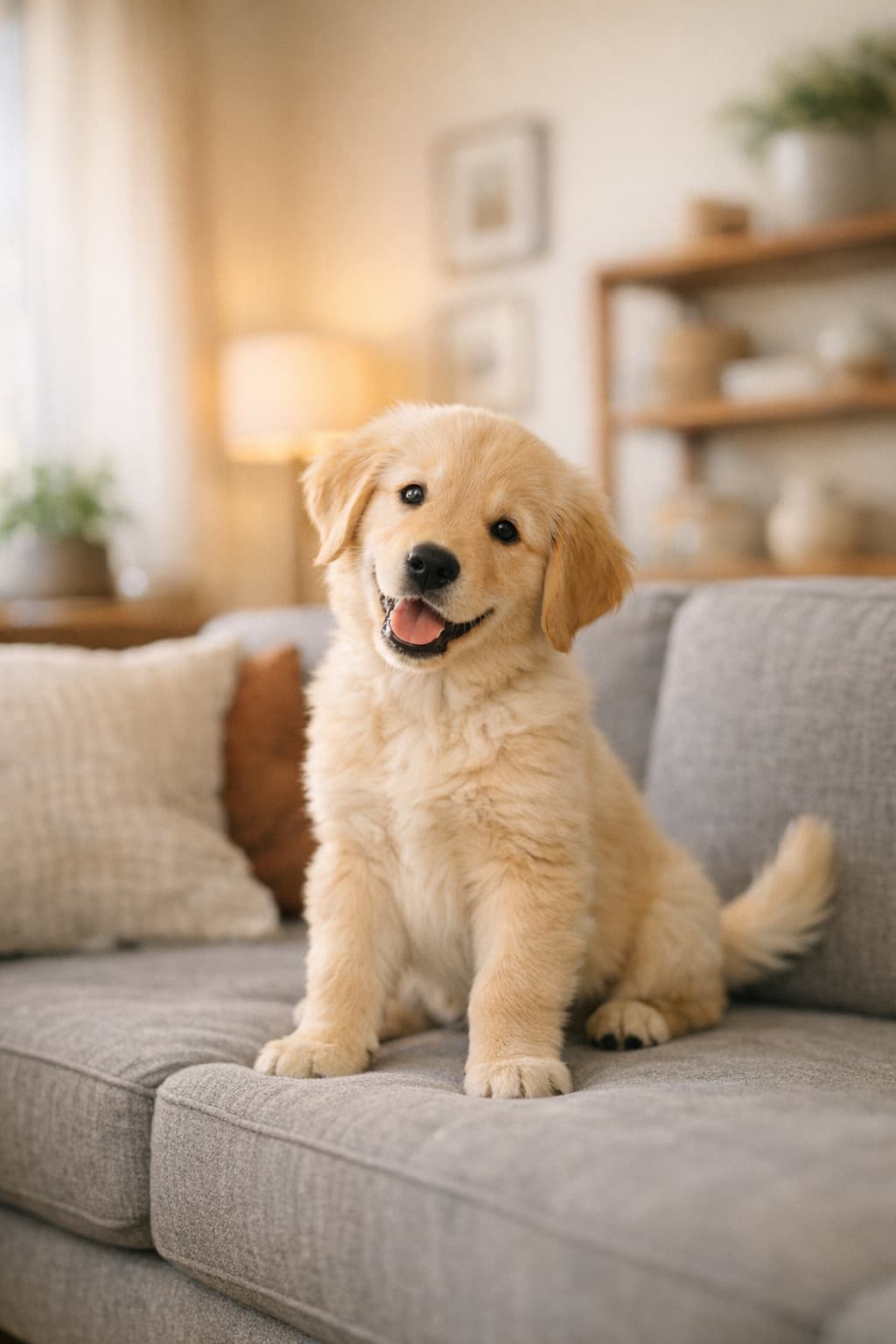 Happy golden retriever puppy on couch
