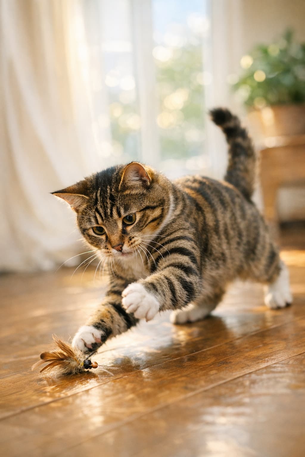 Playful tabby cat batting at toy