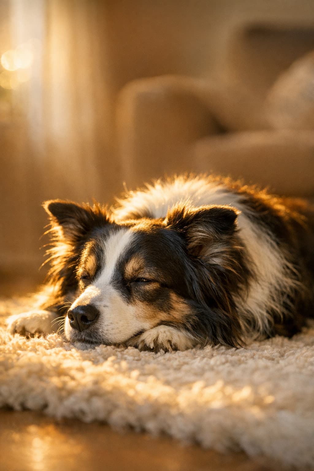 Content border collie resting in sunlight