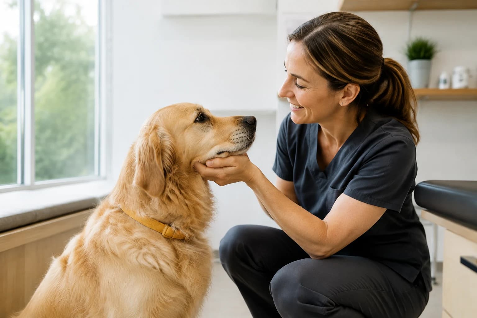 A veterinarian in charcoal scrubs crouches beside a golden retriever in a bright room