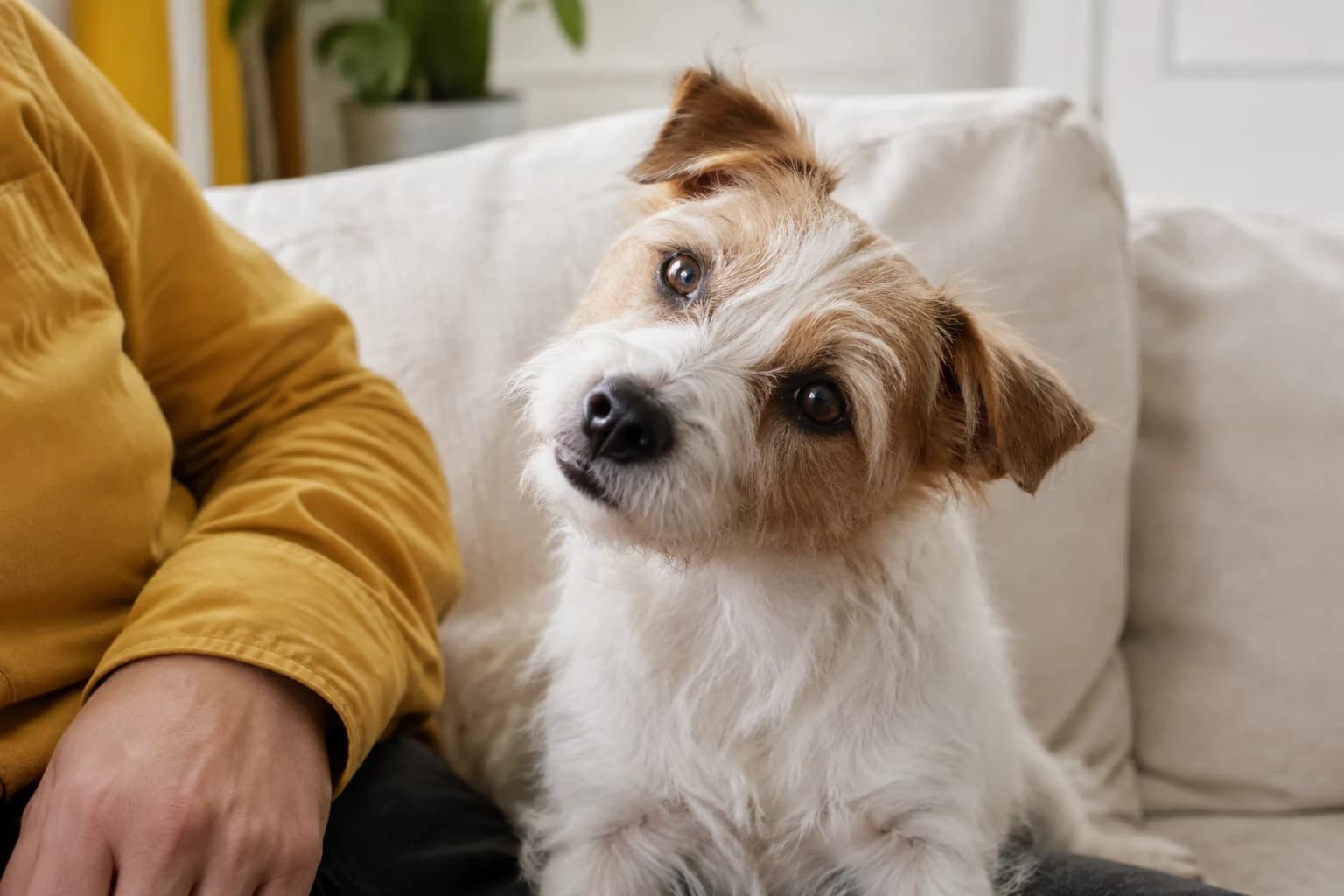 A quiet moment between a person and their dog.