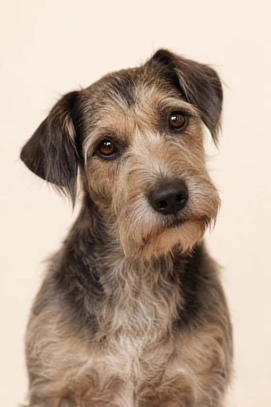 A terrier portrait displayed in a simple frame