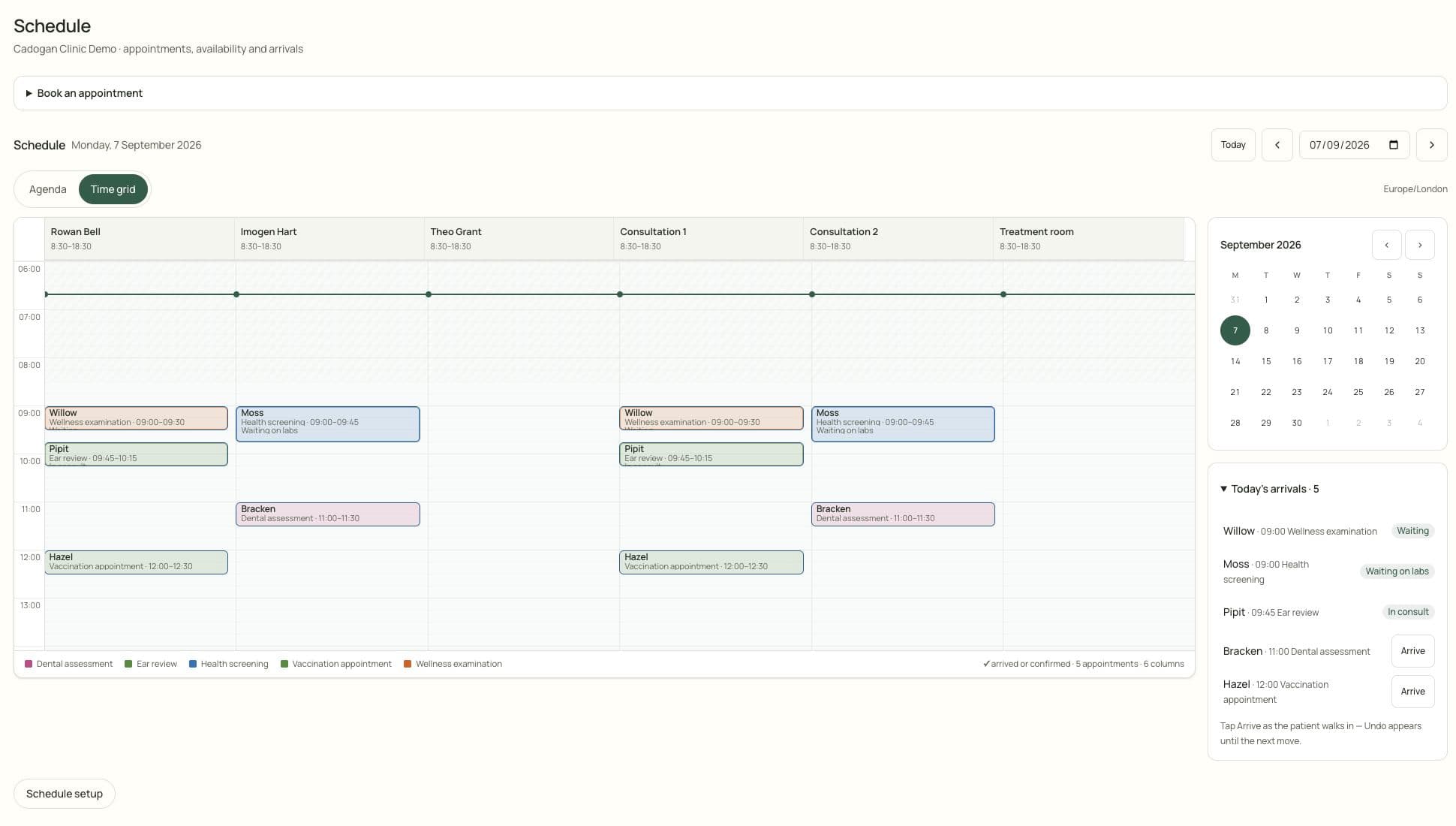 Petus demo practice schedule showing appointments across clinicians and rooms.