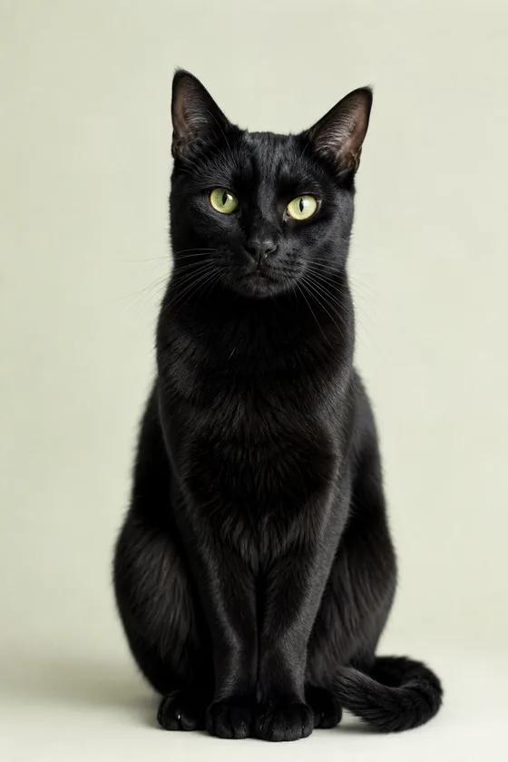 Un chat noir aux yeux verts assis bien droit