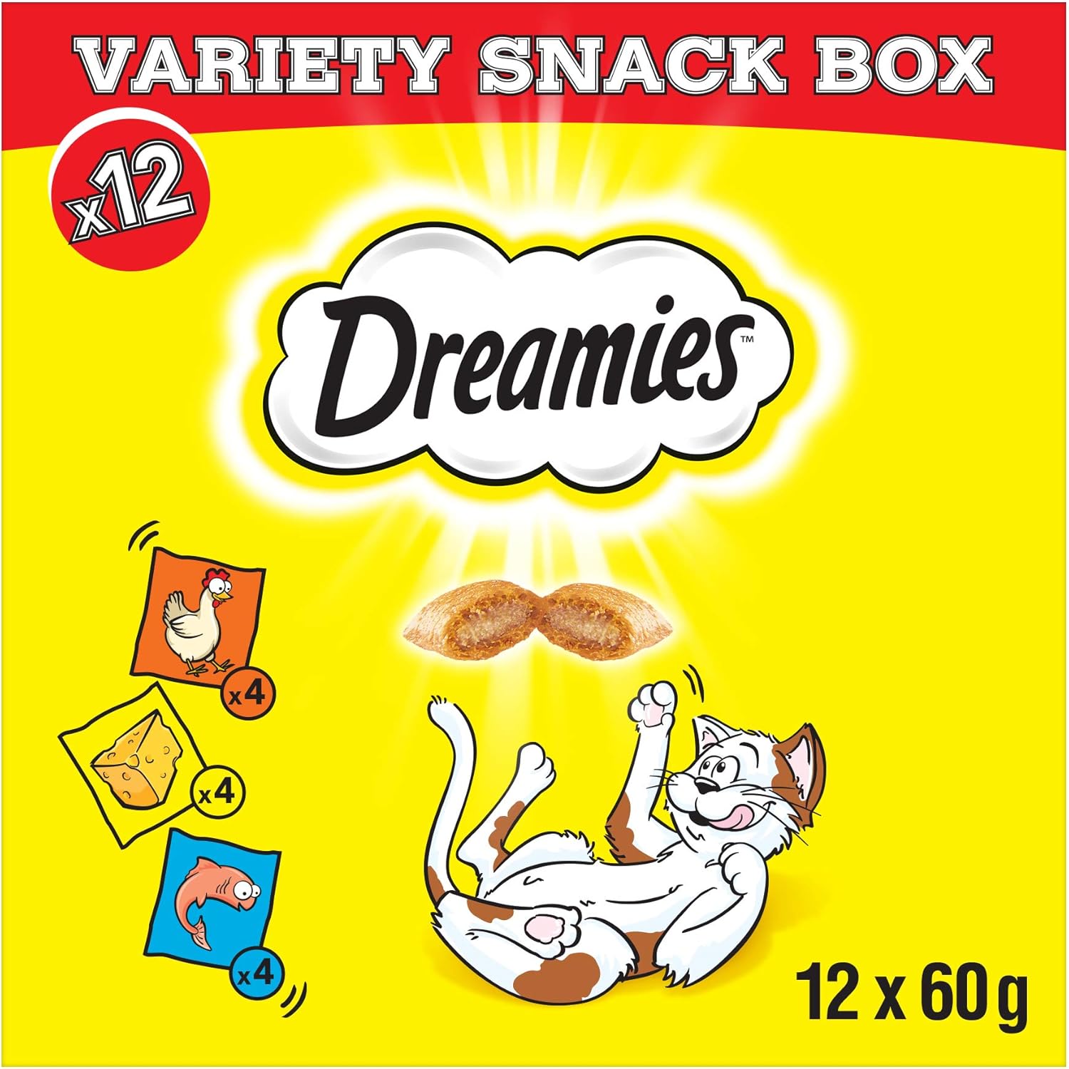 Dreamies Cat Treats Variety Box - Chicken, Cheese & Salmon (12 x 60g)