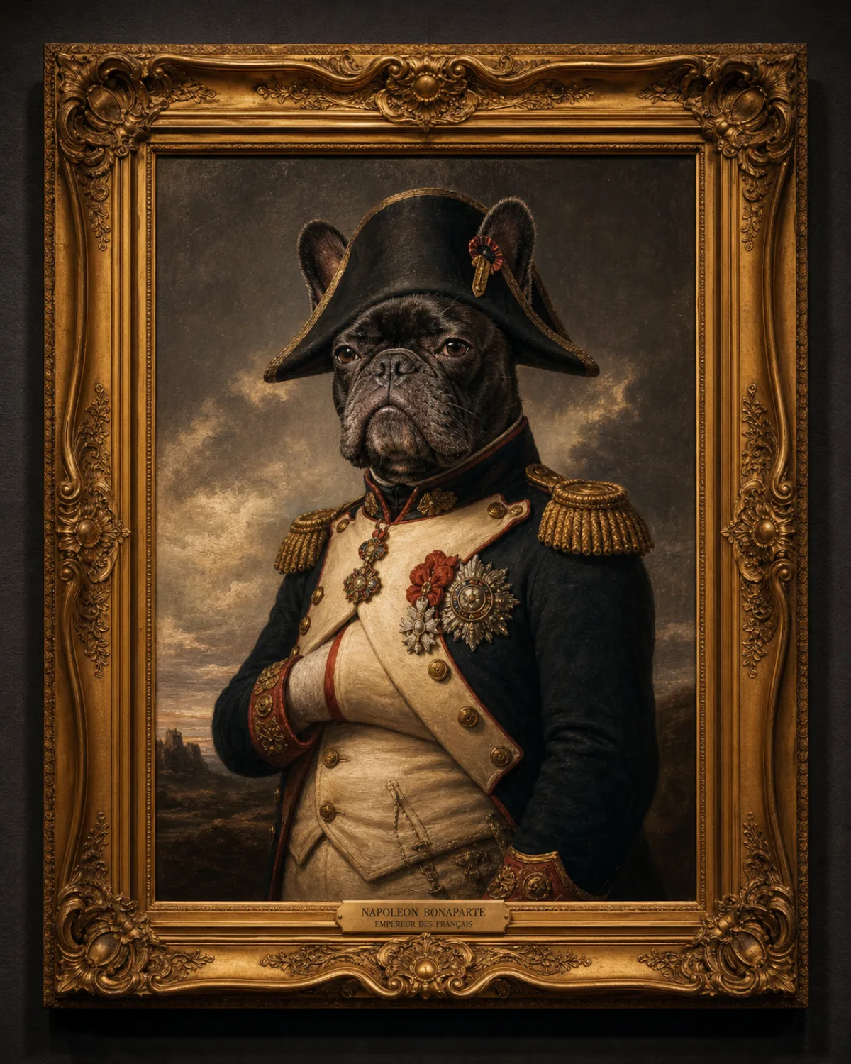 French bulldog painted as Napoleon in a gold frame