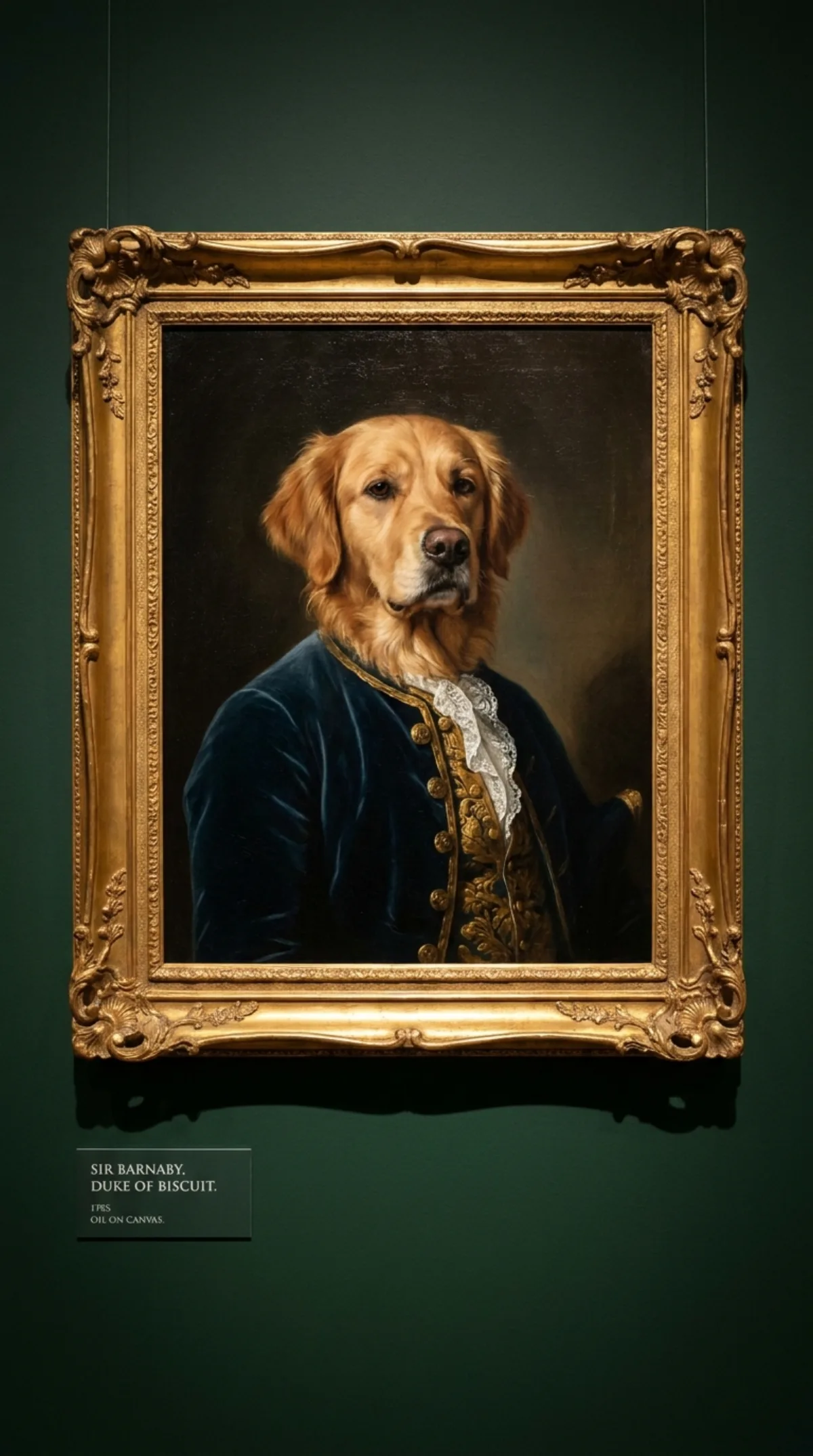 Golden retriever oil portrait in a gold frame