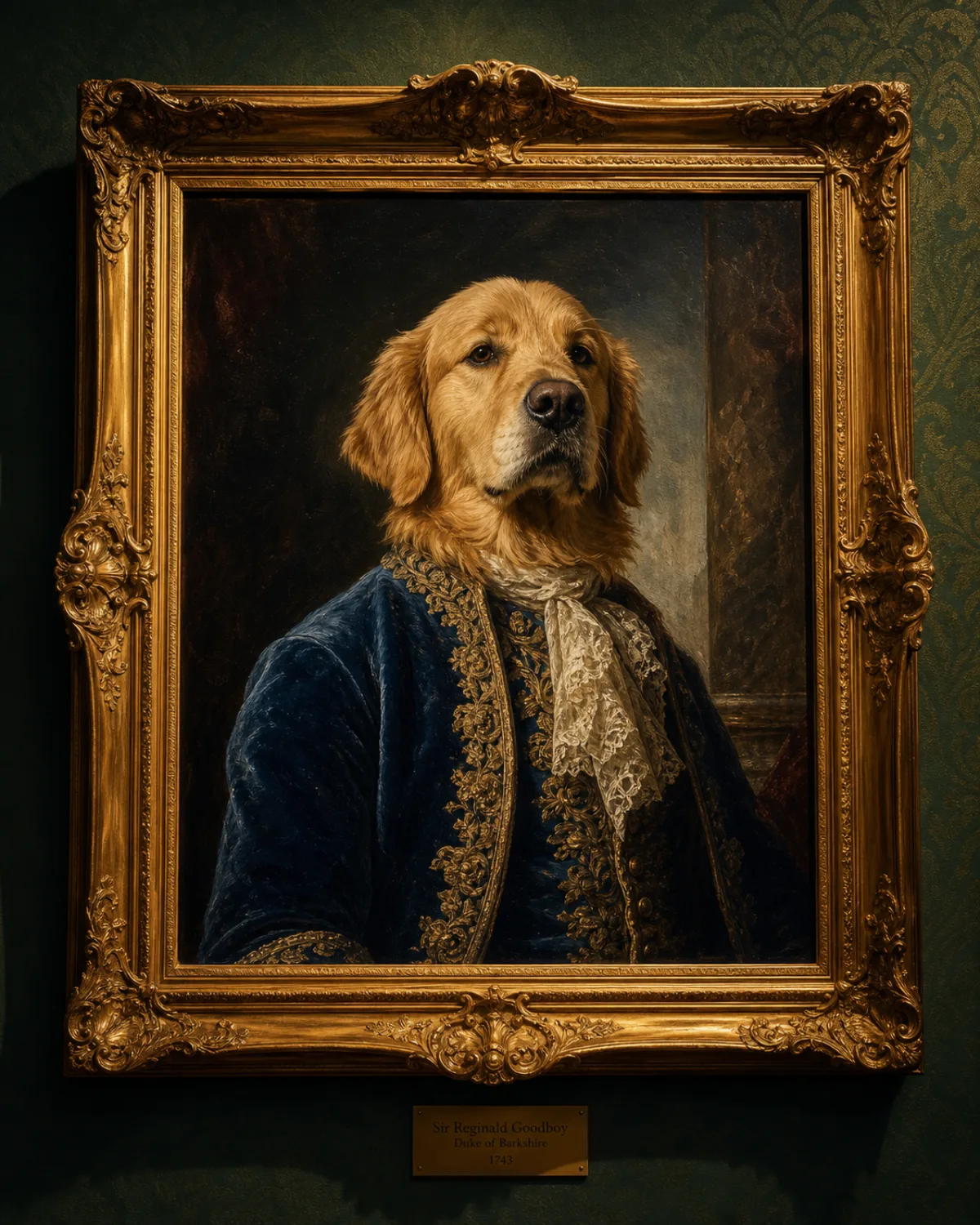 Golden retriever painted as an 18th-century nobleman in a gold frame
