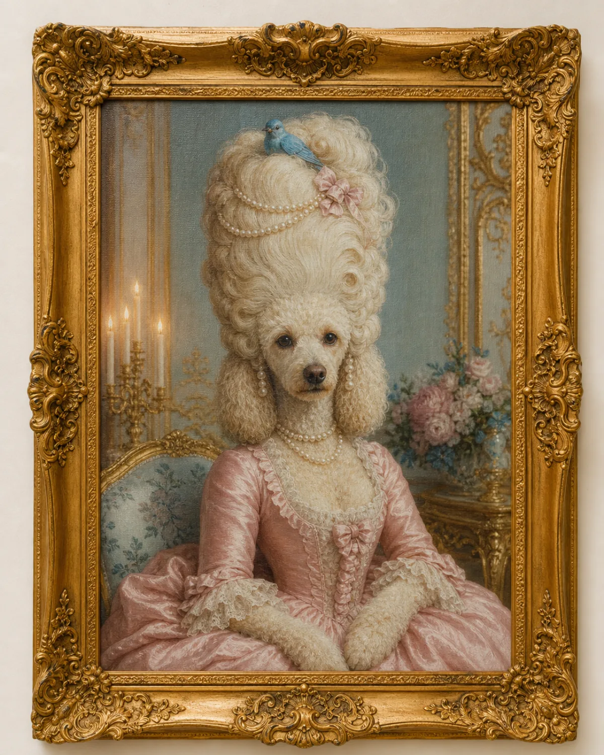Poodle painted as Marie Antoinette in a gold frame