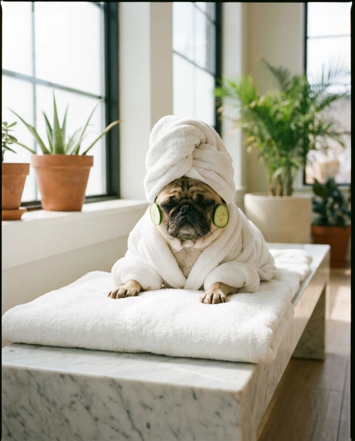 Pug in a spa robe with cucumber slices